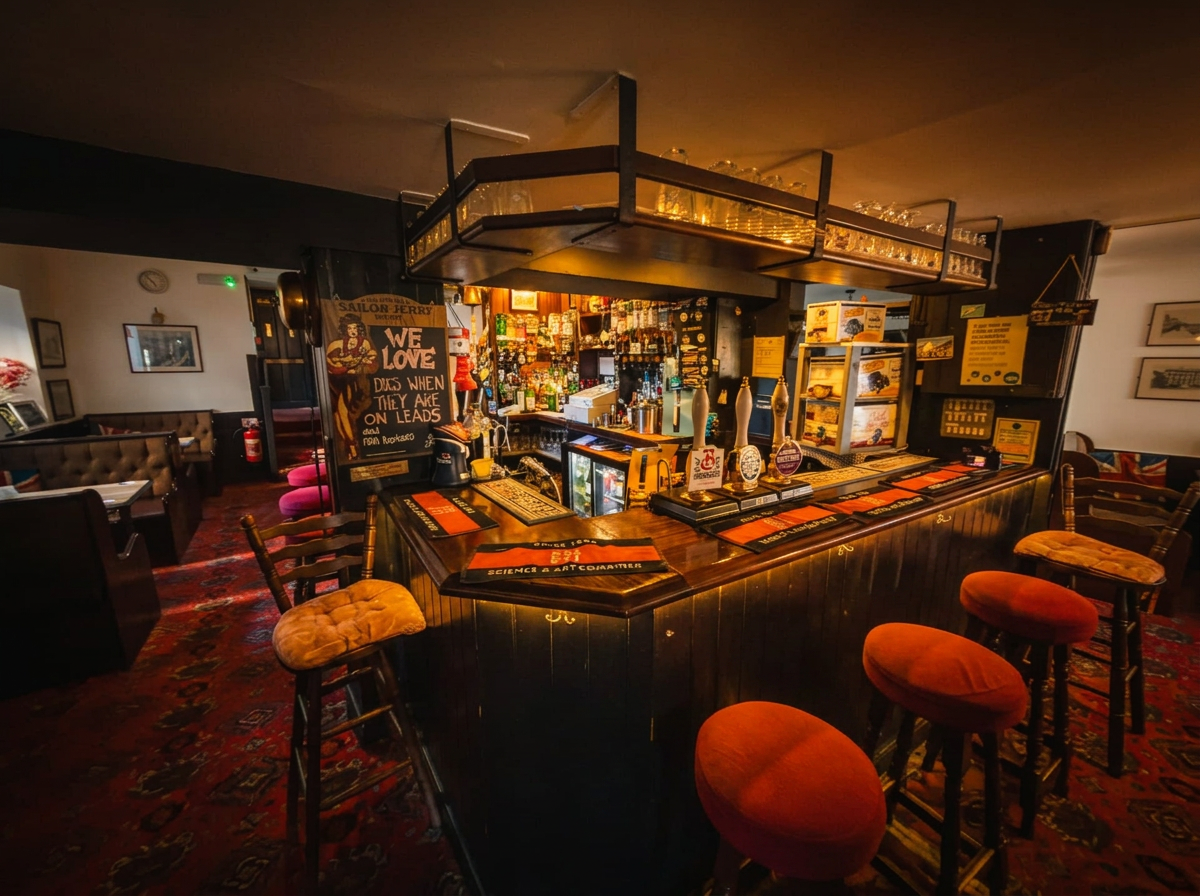 The warm, wood-panelled bar at The British Lion with cask pumps and glowing brass